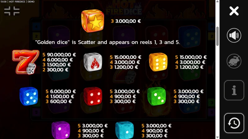 Hot Fire Dice - utbetalingstabell med ekstra Wild